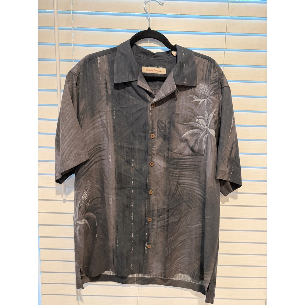 Tommy Bahama Mens Large Silk‎ Button Down Shirt Gray Pineapple Tropical Camp L